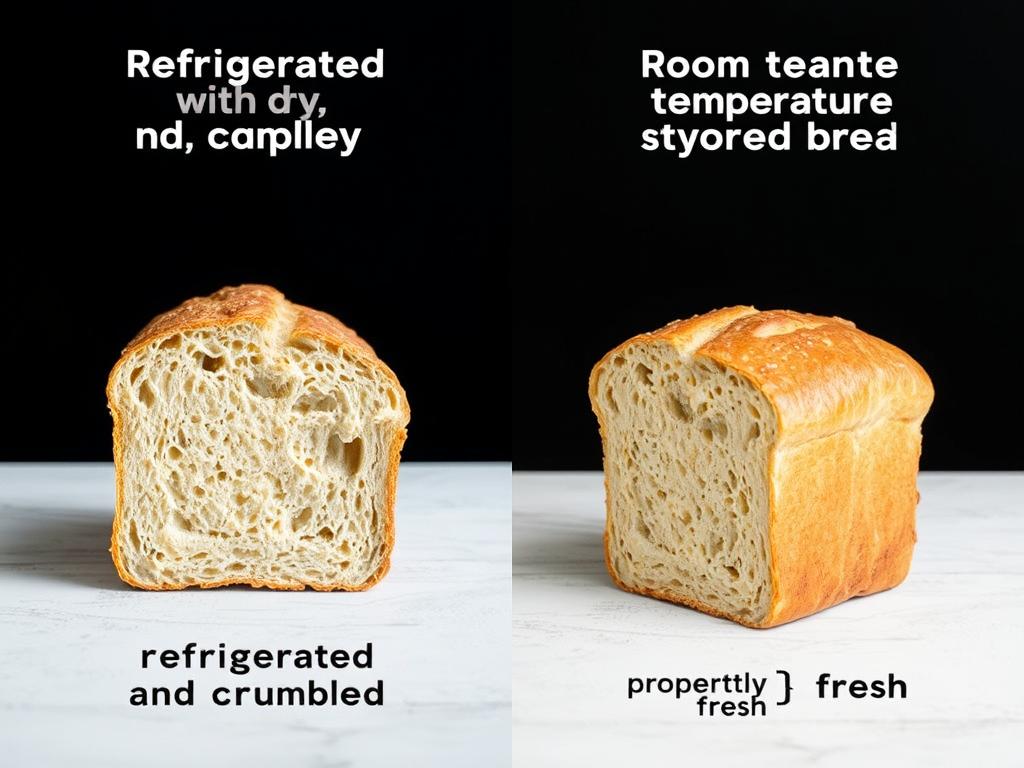 Comparison of refrigerated bread versus room temperature bread showing staling effects Comparison of refrigerated bread versus room temperature bread showing staling effects