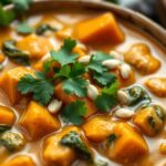 Creamy Sweet Potato Peanut Stew Vegan served in a bowl with fresh herbs