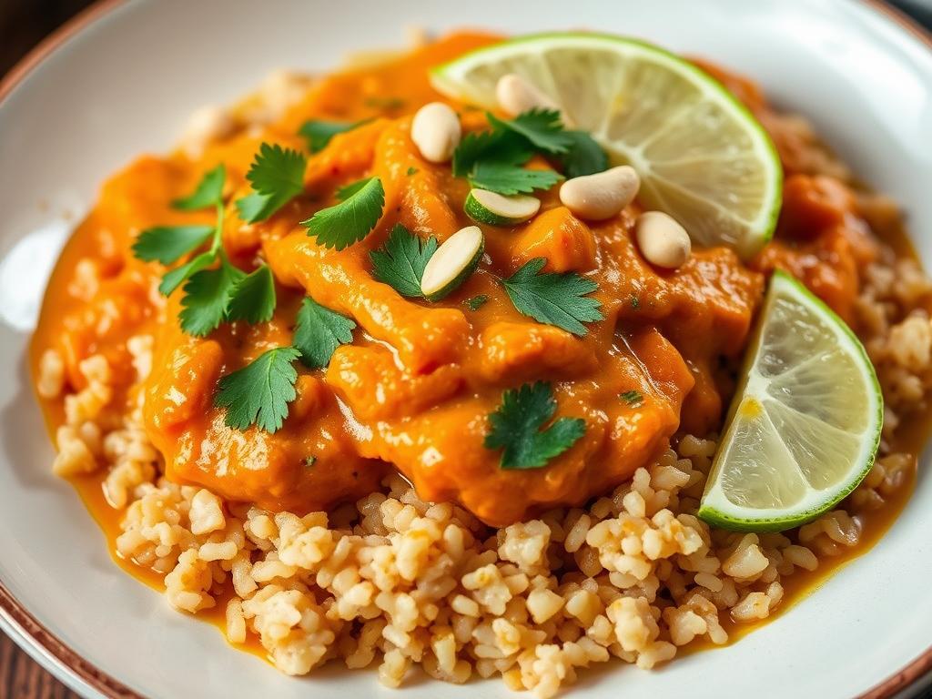 Creamy Sweet Potato Peanut Stew Vegan served over rice with garnishes Creamy Sweet Potato Peanut Stew Vegan served over rice with garnishes