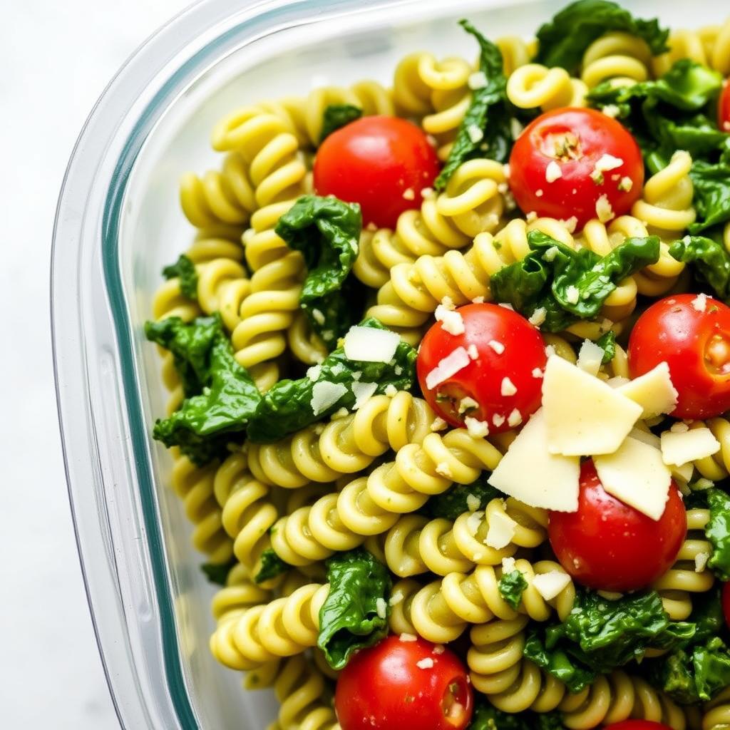 Creamy pesto and kale pasta in a meal prep container Creamy pesto and kale pasta in a meal prep container