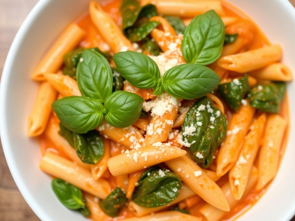 Creamy tomato spinach pasta in a bowl for a quick dinner recipe for families Creamy tomato spinach pasta in a bowl for a quick dinner recipe for families