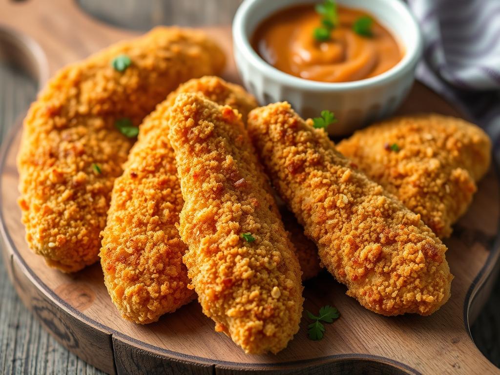 Crispy breadcrumb-coated chicken tenders made with stale bread crumbs Crispy breadcrumb-coated chicken tenders made with stale bread crumbs