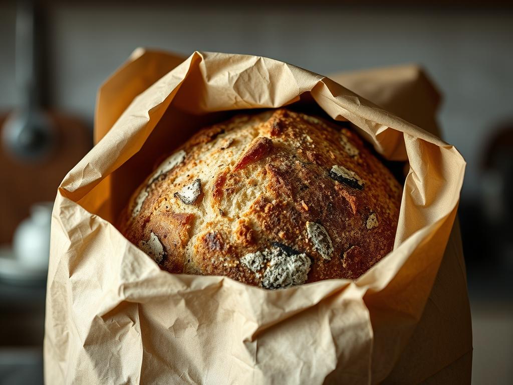 Crusty bread loaf in brown paper bag with folded top Crusty bread loaf in brown paper bag with folded top