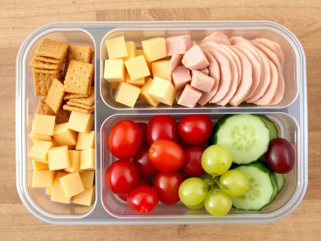 DIY Lunchable with crackers, cheese, turkey, and fresh fruit in a bento box DIY Lunchable with crackers, cheese, turkey, and fresh fruit in a bento box