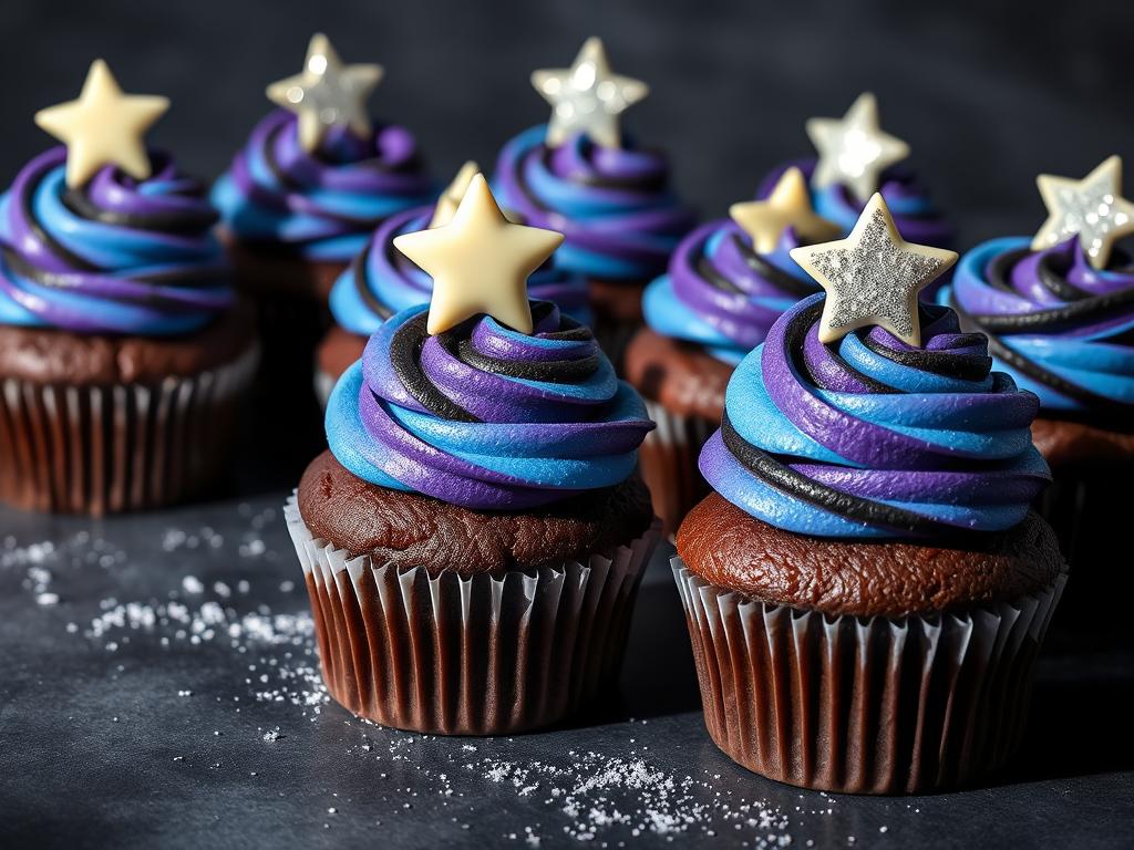 Dark chocolate cupcakes with swirled frosting resembling moon-themed recipes USA Dark chocolate cupcakes with swirled frosting resembling moon-themed recipes USA