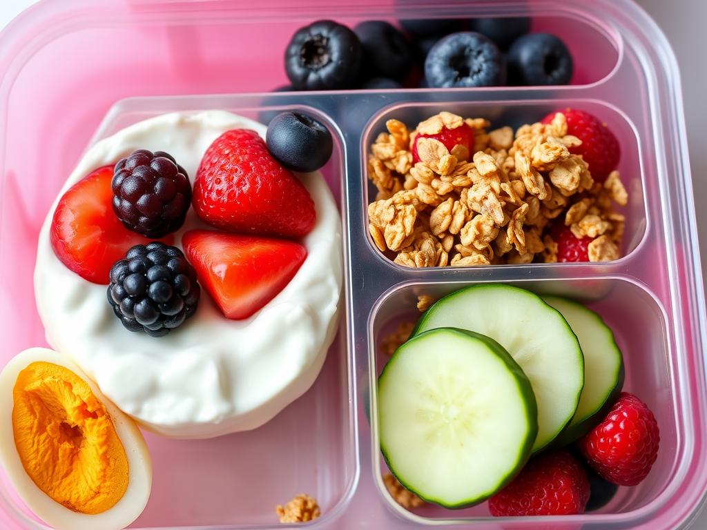 Deconstructed yogurt parfait in a bento box with separate compartments for yogurt, berries, and granola Deconstructed yogurt parfait in a bento box with separate compartments for yogurt, berries, and granola