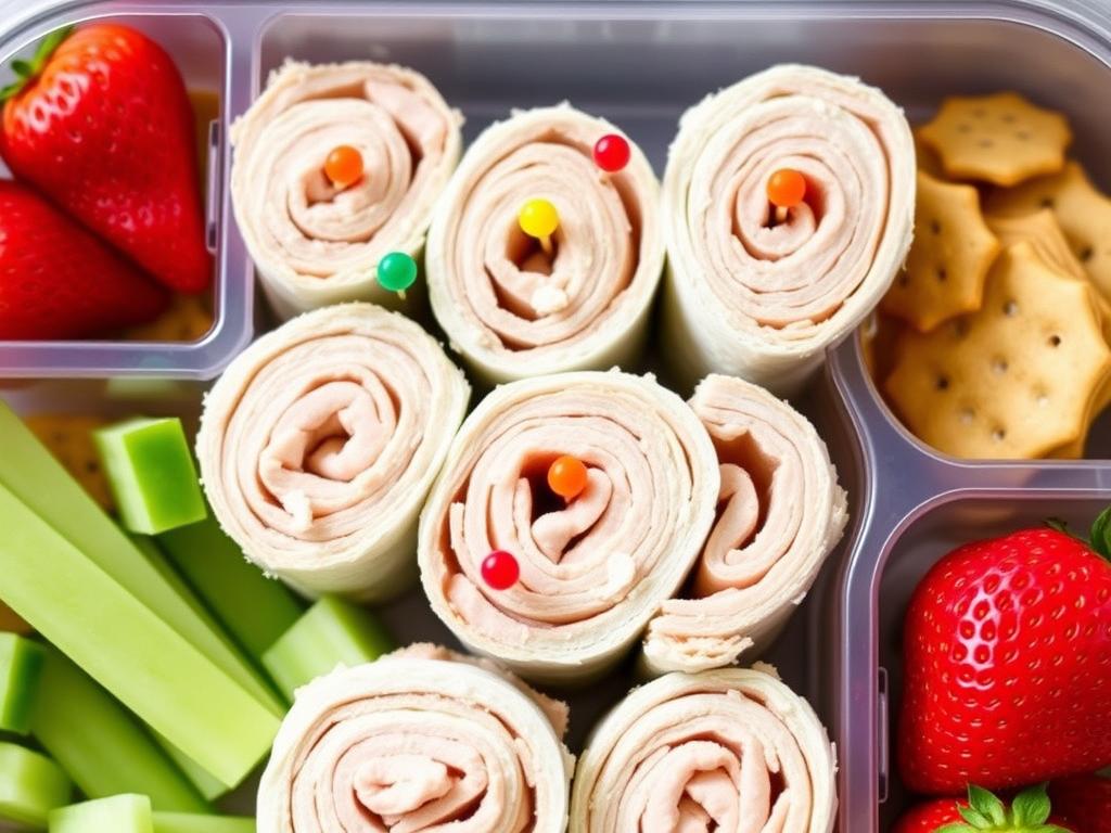 Deli meat and cheese roll-ups with crackers and vegetables in a lunch container Deli meat and cheese roll-ups with crackers and vegetables in a lunch container