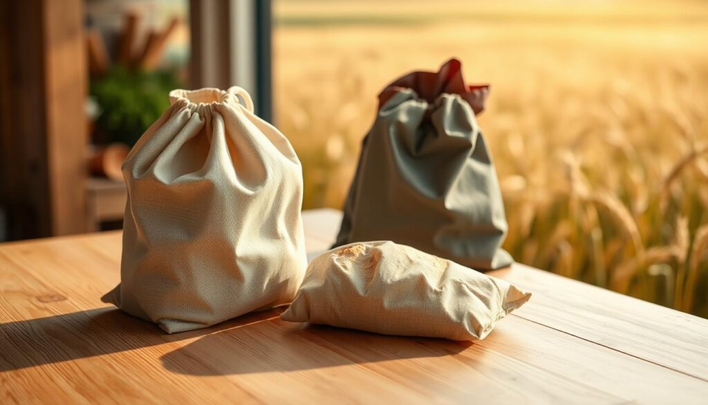 Detailed, well-lit image of reusable bread bags on a clean wooden surface. Bags are in the foreground, showcasing their sturdy construction, various colors, and eco-friendly materials. In the middle ground, subtle shadows and reflections create depth, highlighting the bags' practical uses. The background features a soft, blurred natural setting, such as a field of wheat or a kitchen garden, conveying the sustainable, healthy benefits of reusable storage. Warm, natural lighting illuminates the scene, evoking a sense of simplicity and environmental consciousness.