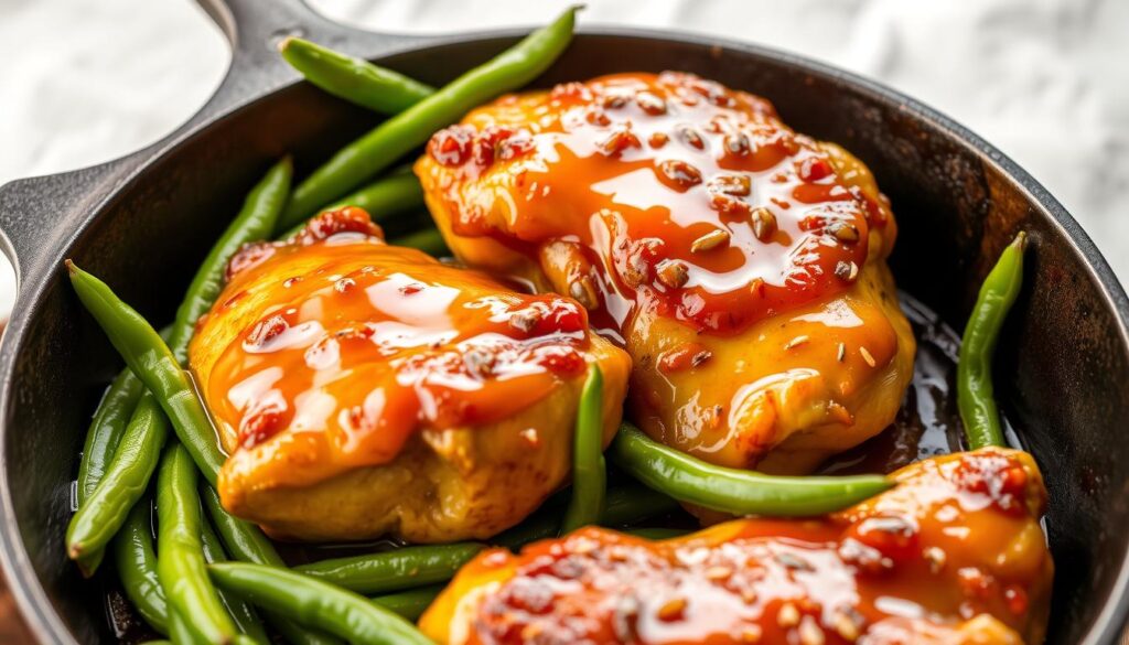 Easy one-pan chicken dinners 20 minutes - Honey Mustard Chicken with green beans in a cast iron skillet Easy one-pan chicken dinners 20 minutes - Honey Mustard Chicken with green beans in a cast iron skillet