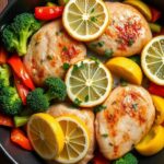 Easy one-pan chicken dinners 20 minutes - Lemon Garlic Chicken with colorful vegetables in a skillet