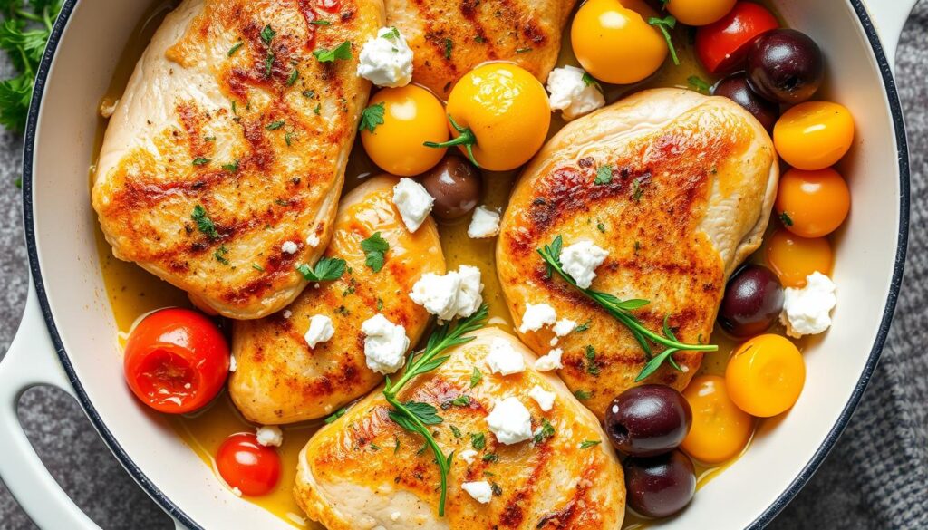 Easy one-pan chicken dinners 20 minutes - Mediterranean Chicken with cherry tomatoes, olives and feta cheese Easy one-pan chicken dinners 20 minutes - Mediterranean Chicken with cherry tomatoes, olives and feta cheese
