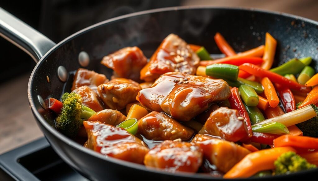 Easy one-pan chicken dinners 20 minutes - Teriyaki Chicken Stir-Fry with colorful vegetables in a wok Easy one-pan chicken dinners 20 minutes - Teriyaki Chicken Stir-Fry with colorful vegetables in a wok