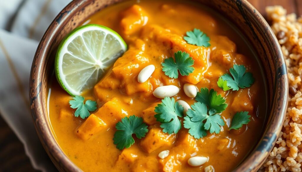 Final plated Creamy Sweet Potato Peanut Stew Vegan with garnishes
