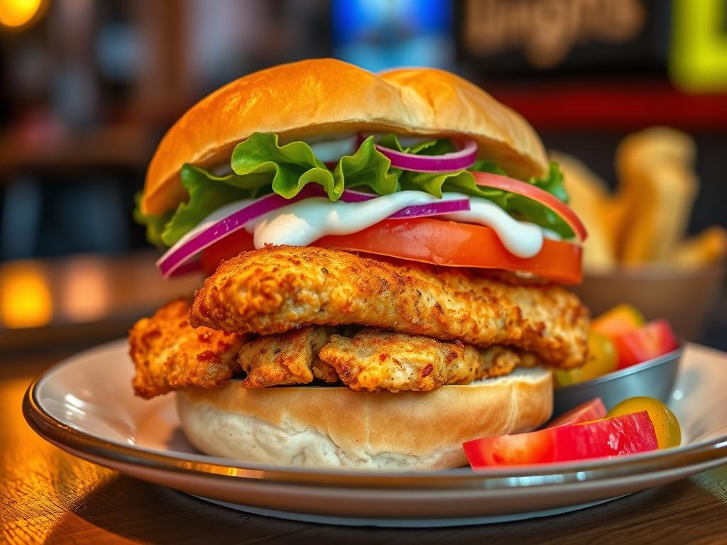 Flavorful chicken sandwich with toppings on a plate Flavorful chicken sandwich with toppings on a plate
