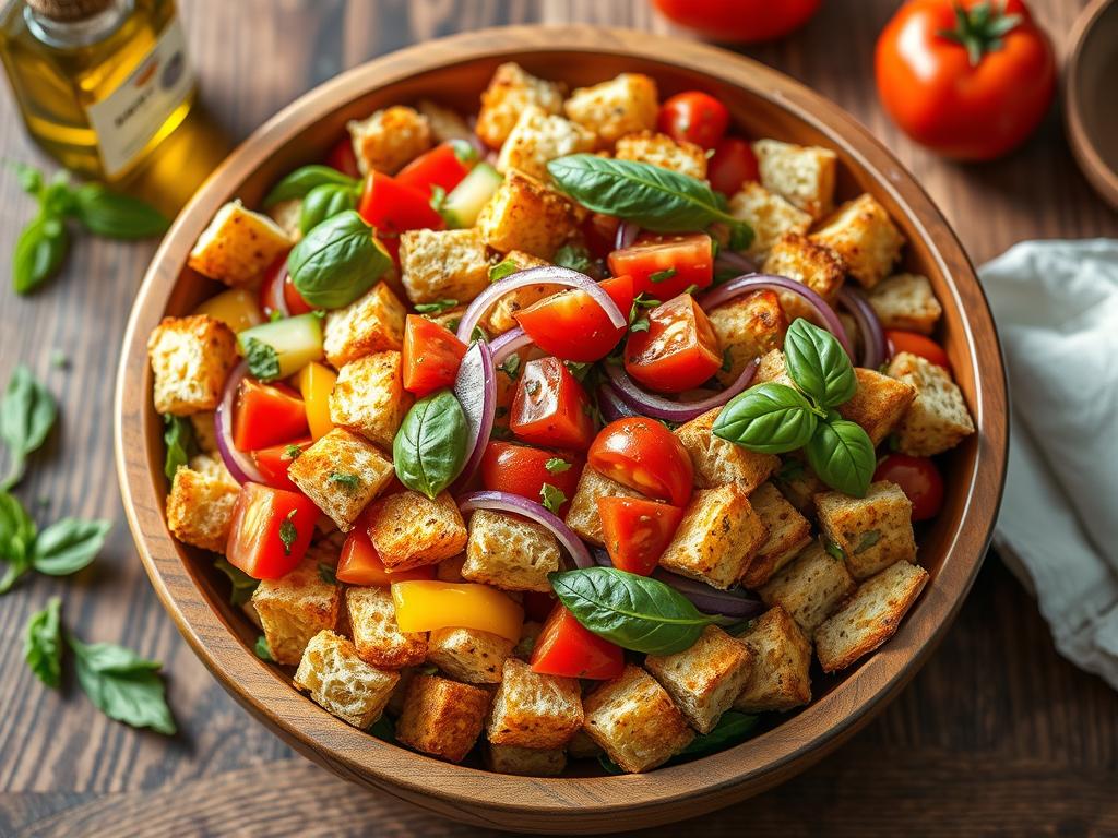Fresh Italian panzanella salad made with stale bread cubes and fresh vegetables Fresh Italian panzanella salad made with stale bread cubes and fresh vegetables