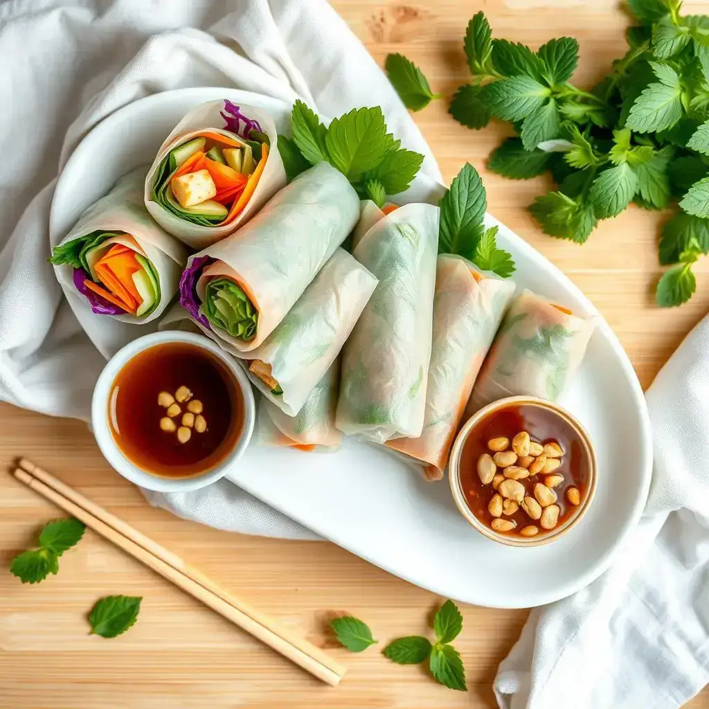 Homemade tofu spring rolls filled with colorful vegetables and fresh herbs, served with a creamy hoisin-peanut dipping sauce in a small bowl.