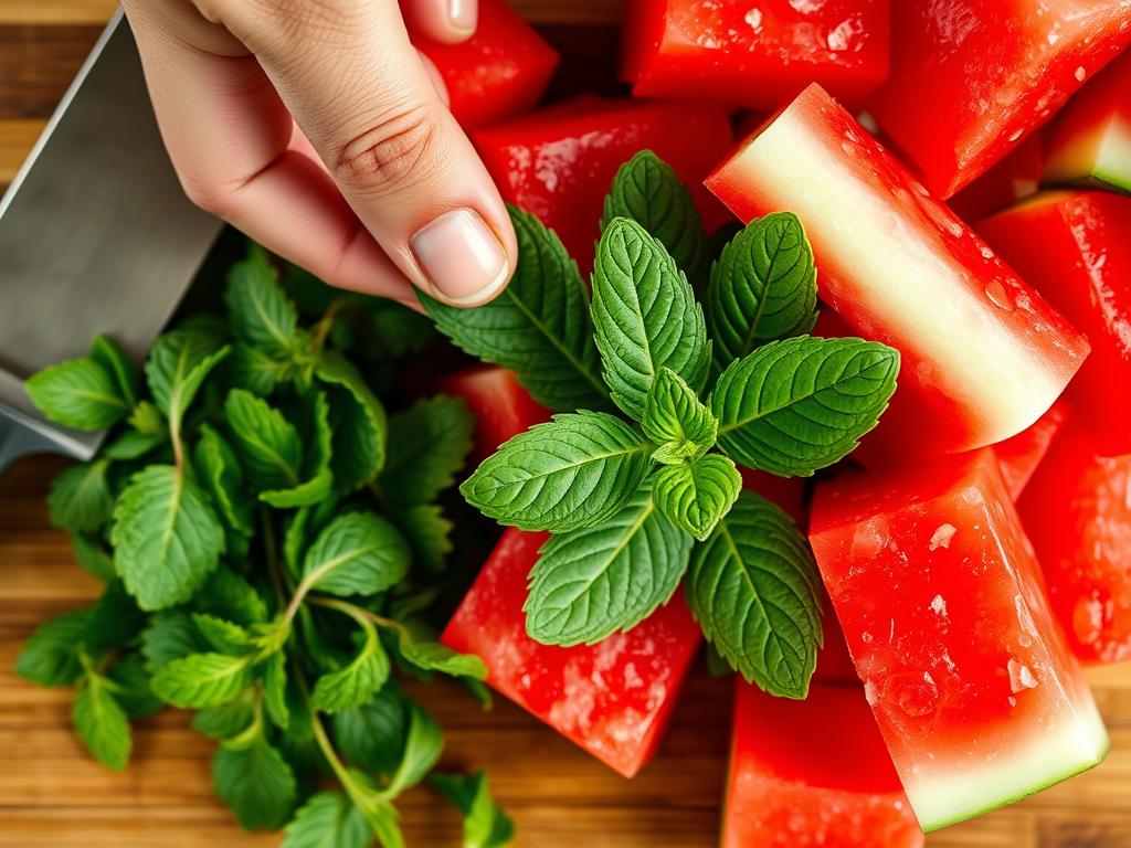 Fresh mint leaves and watermelon cubes for summer lunch recipes 2025 Fresh mint leaves and watermelon cubes for summer lunch recipes 2025