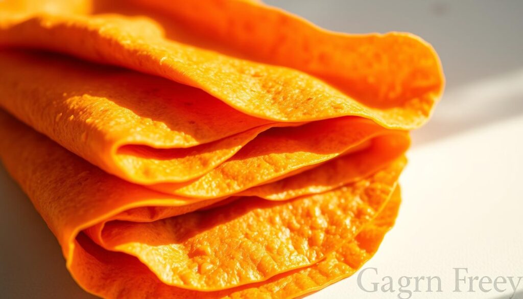 Freshly made sweet potato wraps, their vibrant orange hue contrasting against a crisp white background. The wraps are carefully stacked, revealing their delicate, pliable texture enhanced by the addition of arrowroot starch. Soft natural lighting casts a warm glow, highlighting the wraps' subtle sheen and the intricate patterns created by the starch granules. The scene conveys a sense of homemade goodness, inviting the viewer to imagine the delicious and grain-free culinary experience these wraps would provide.