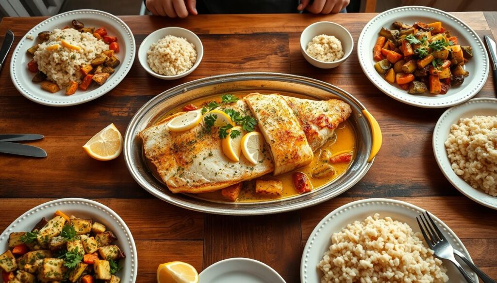 Garlic butter baked cod served family-style on a dinner table Garlic butter baked cod served family-style on a dinner table