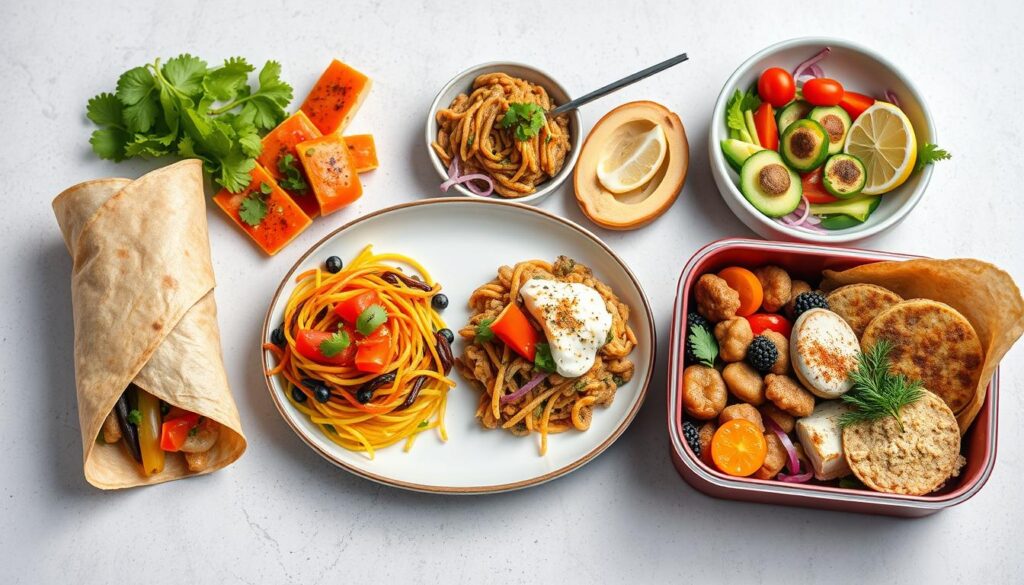 Globally-inspired fusion lunch with diverse cultural elements