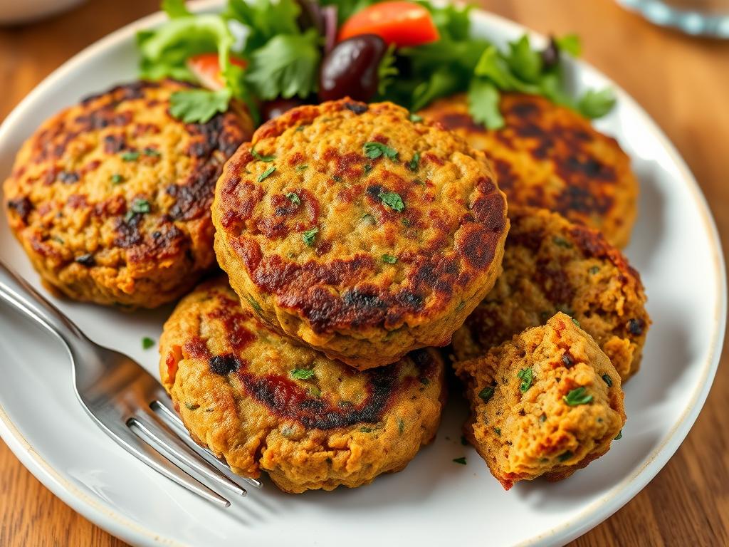 Golden-brown lentil breakfast patties on a plate with a side of greens Golden-brown lentil breakfast patties on a plate with a side of greens
