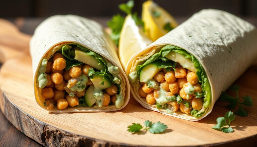 Green Goddess Chickpea Wrap cut in half showing filling for summer lunch recipes 2025 Green Goddess Chickpea Wrap cut in half showing filling for summer lunch recipes 2025