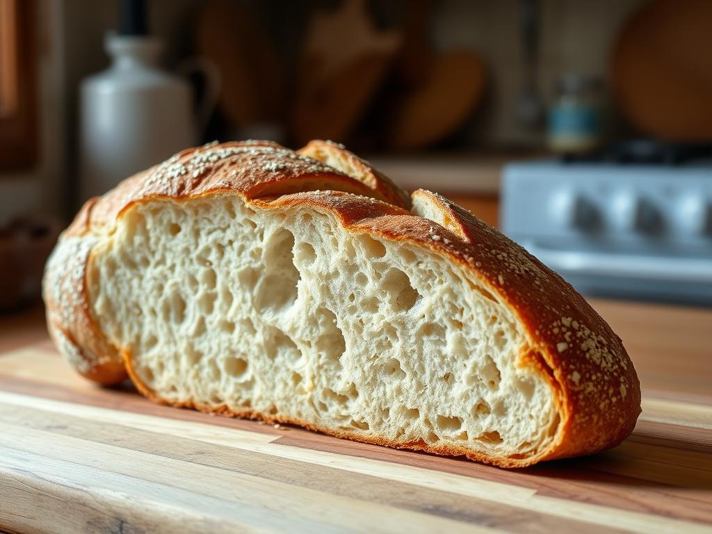 Half loaf of bread placed cut-side down on wooden cutting board Half loaf of bread placed cut-side down on wooden cutting board