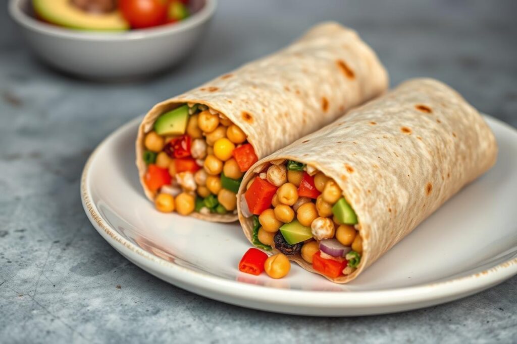 Halved breakfast burrito showing colorful filling of chickpeas and vegetables Halved breakfast burrito showing colorful filling of chickpeas and vegetables