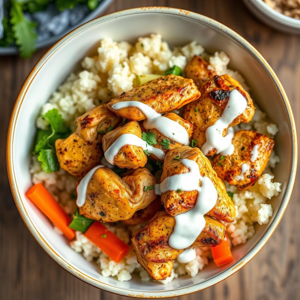 Healthy New York street food lunch inspired halal cart chicken bowl Healthy New York street food lunch inspired halal cart chicken bowl