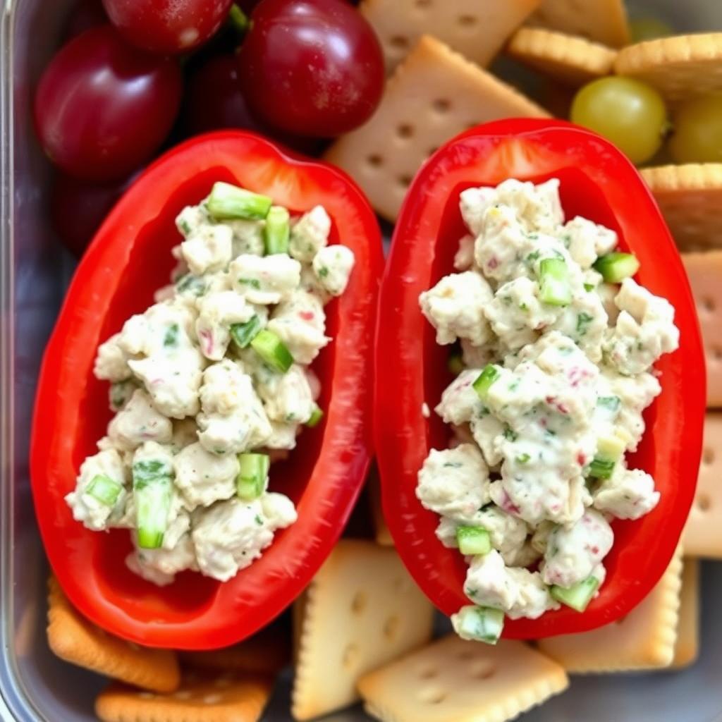 Hollowed tomatoes filled with chicken salad in a lunch box Hollowed tomatoes filled with chicken salad in a lunch box