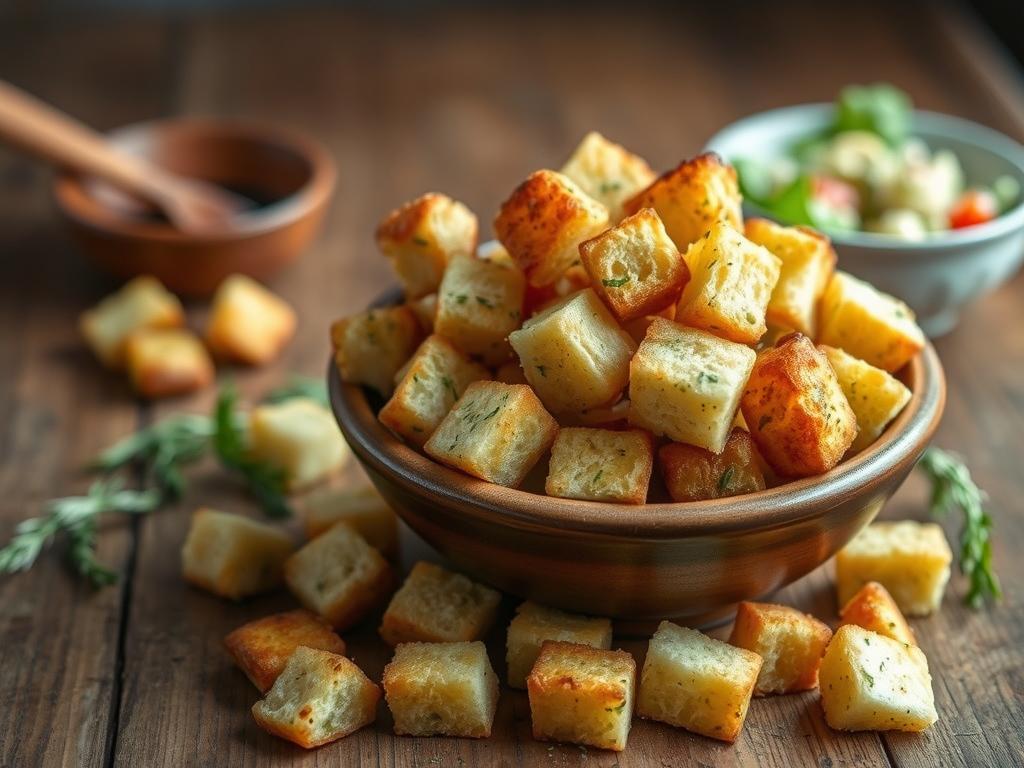 Homemade garlic croutons made from stale bread cubes Homemade garlic croutons made from stale bread cubes