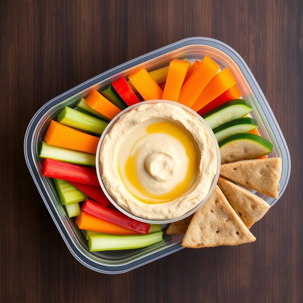 Hummus dip with assorted vegetable sticks and pita triangles Hummus dip with assorted vegetable sticks and pita triangles