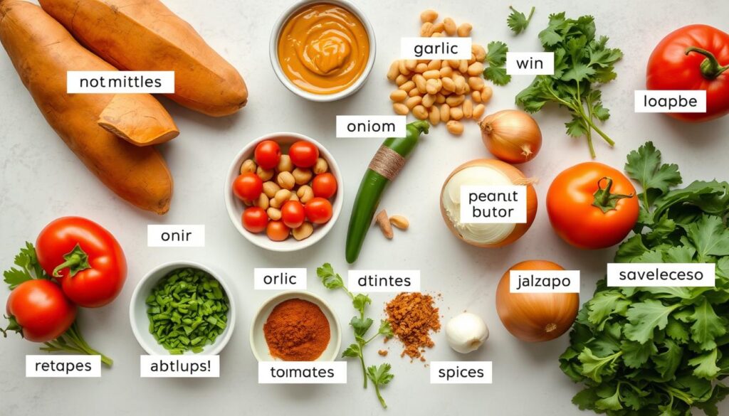 Ingredients for Creamy Sweet Potato Peanut Stew Vegan arranged on a countertop