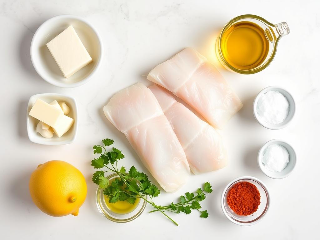 Ingredients for garlic butter baked cod laid out on a kitchen counter Ingredients for garlic butter baked cod laid out on a kitchen counter