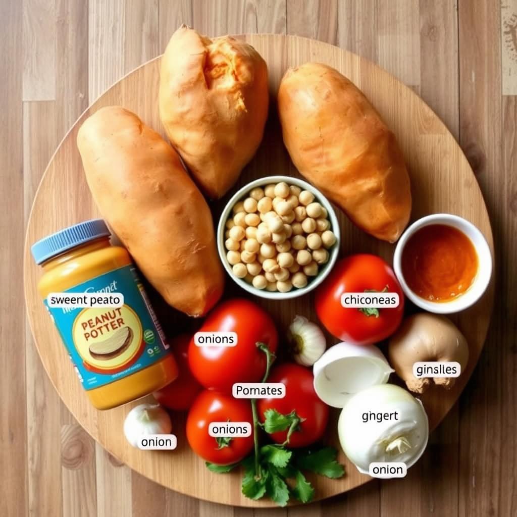 Ingredients for vegan sweet potato peanut stew laid out on a wooden surface Ingredients for vegan sweet potato peanut stew laid out on a wooden surface