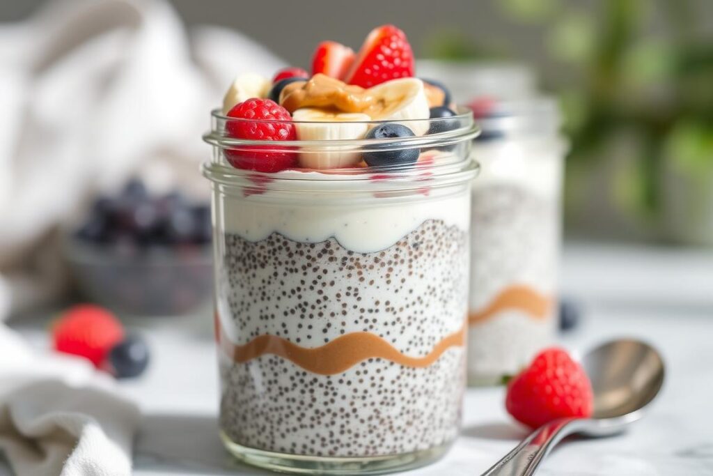 Layered chia pudding in a glass jar with fruit and nut butter Layered chia pudding in a glass jar with fruit and nut butter