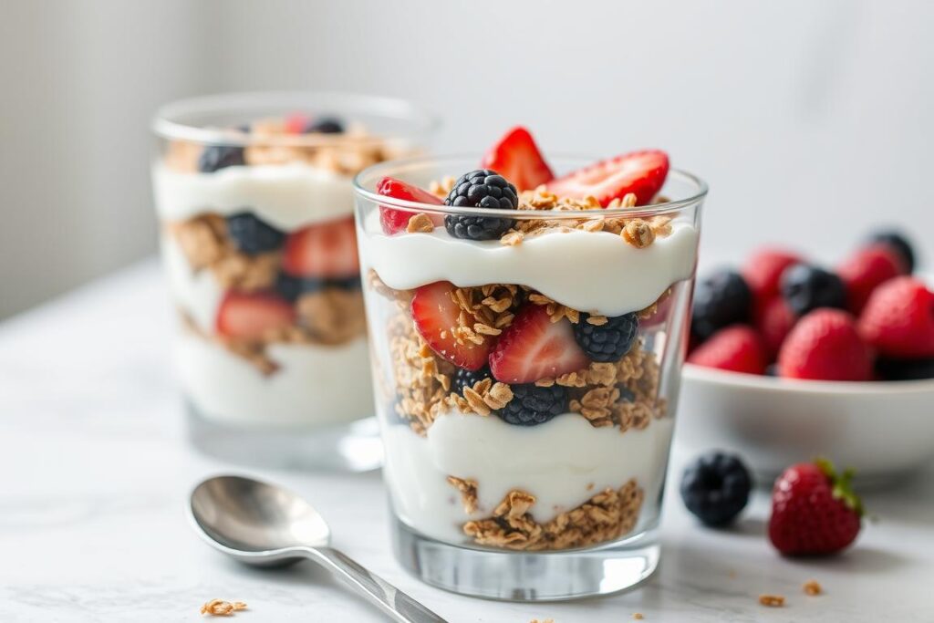 Layered parfait with plant-based yogurt, granola, and berries in a glass Layered parfait with plant-based yogurt, granola, and berries in a glass