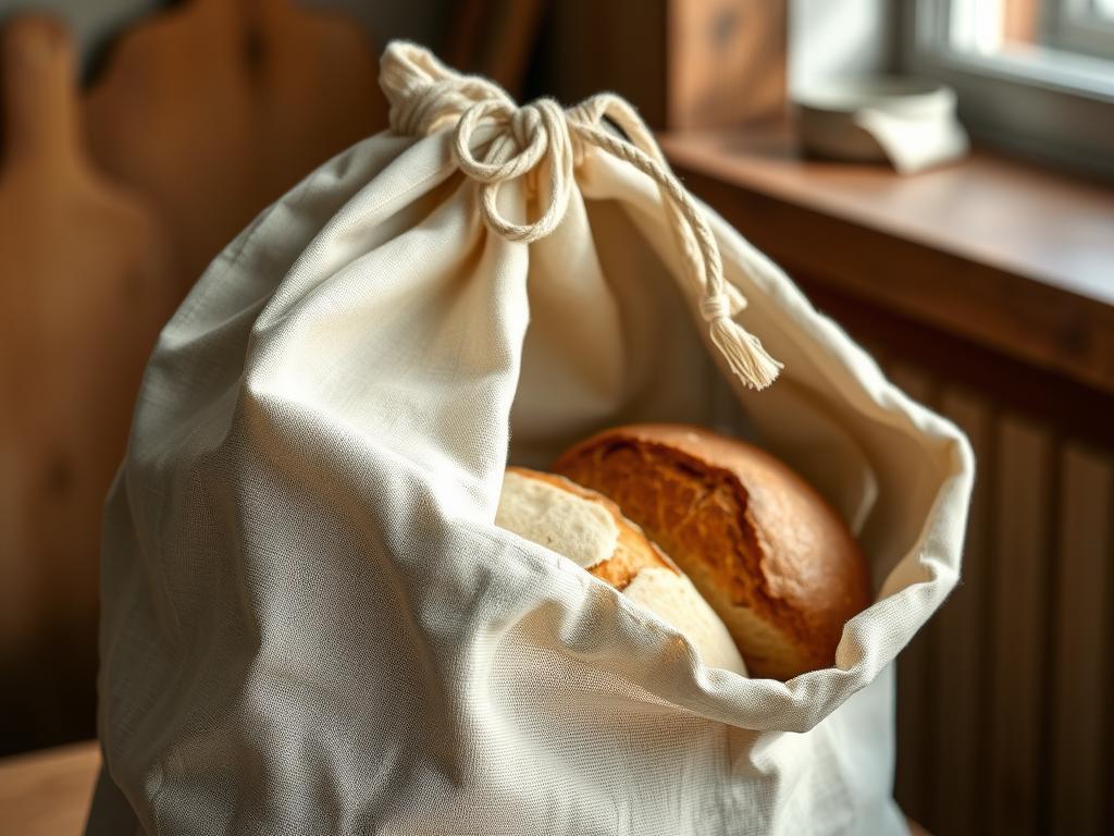 Linen bread bag containing a round sourdough loaf Linen bread bag containing a round sourdough loaf