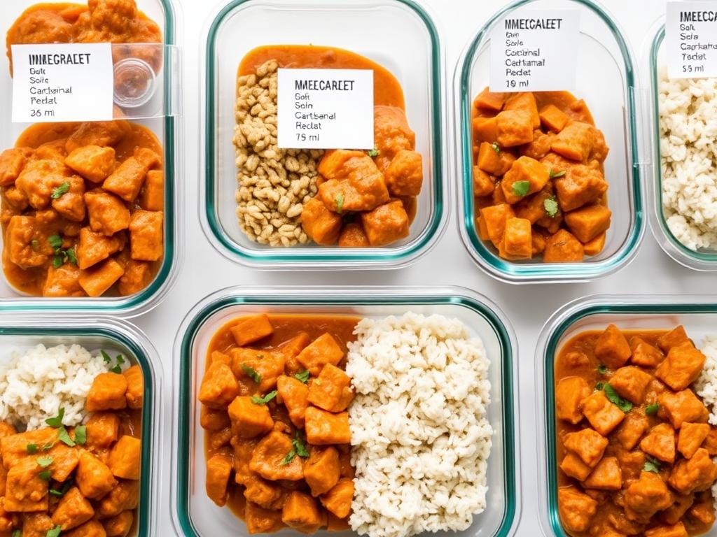 Meal prep containers filled with Creamy Sweet Potato Peanut Stew Vegan