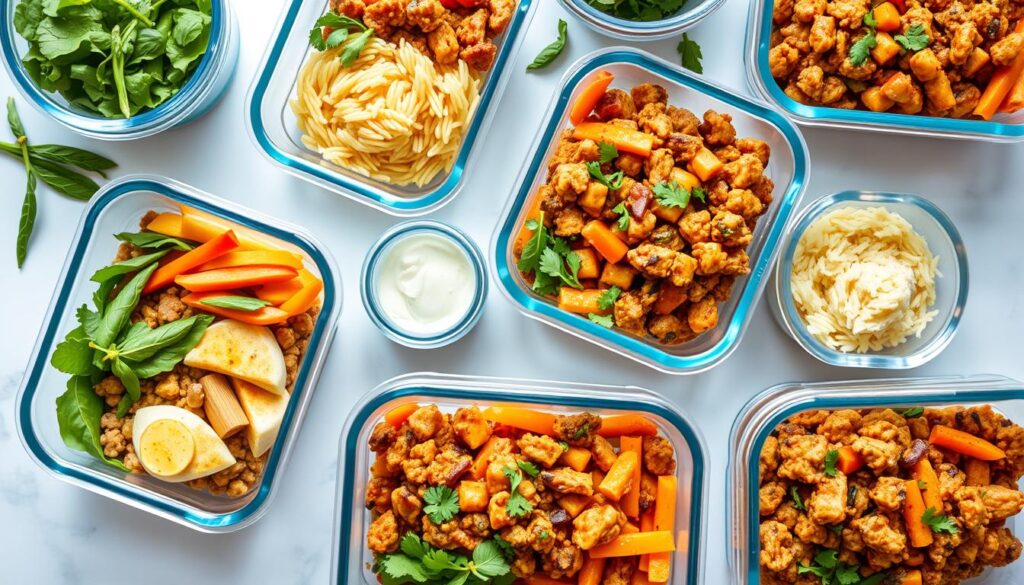 Meal prep containers filled with various one-pot lunches Meal prep containers filled with various one-pot lunches