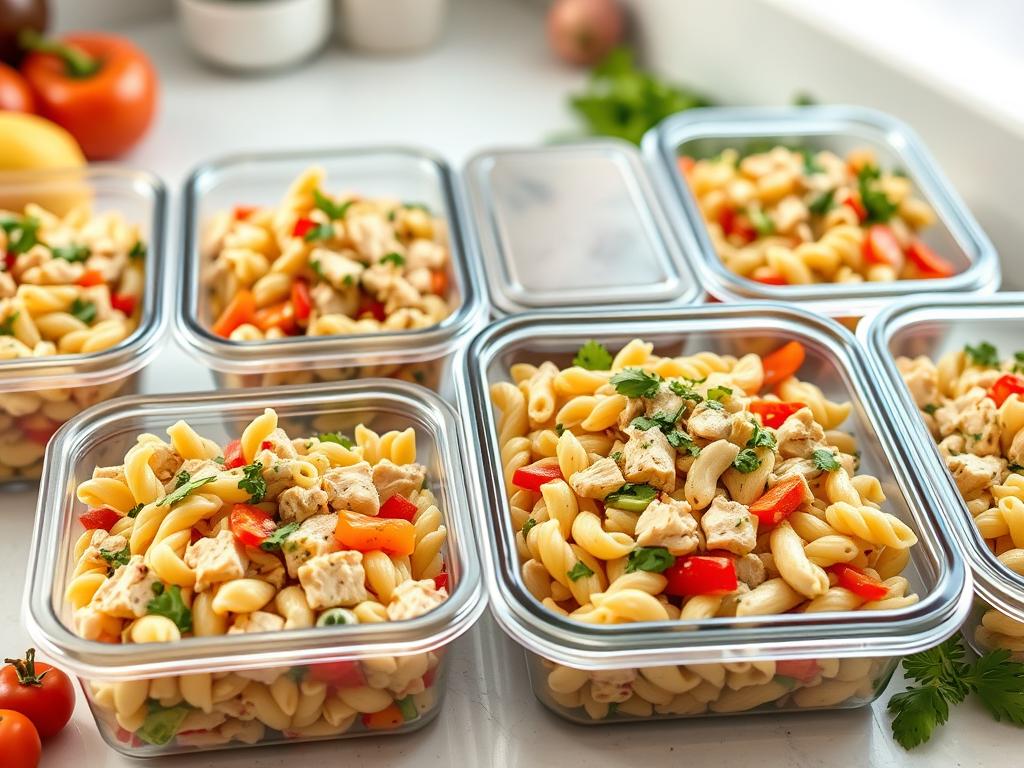 Meal prep containers with Summer Chicken Pasta Salad for summer lunch recipes 2025 Meal prep containers with Summer Chicken Pasta Salad for summer lunch recipes 2025