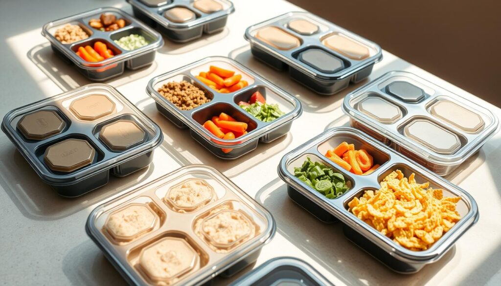 Meal prep containers with multiple compartments, arranged neatly on a clean, light-colored surface. The containers are made of durable, high-quality plastic with transparent lids, allowing a clear view of the contents. The compartments are of varying sizes, perfect for portioning out different food groups. Soft, natural lighting illuminates the scene, creating a warm and inviting atmosphere. The containers are positioned at a slight angle, creating a sense of depth and movement. The overall composition is balanced and aesthetically pleasing, showcasing the practical and functional nature of these essential meal planning tools.