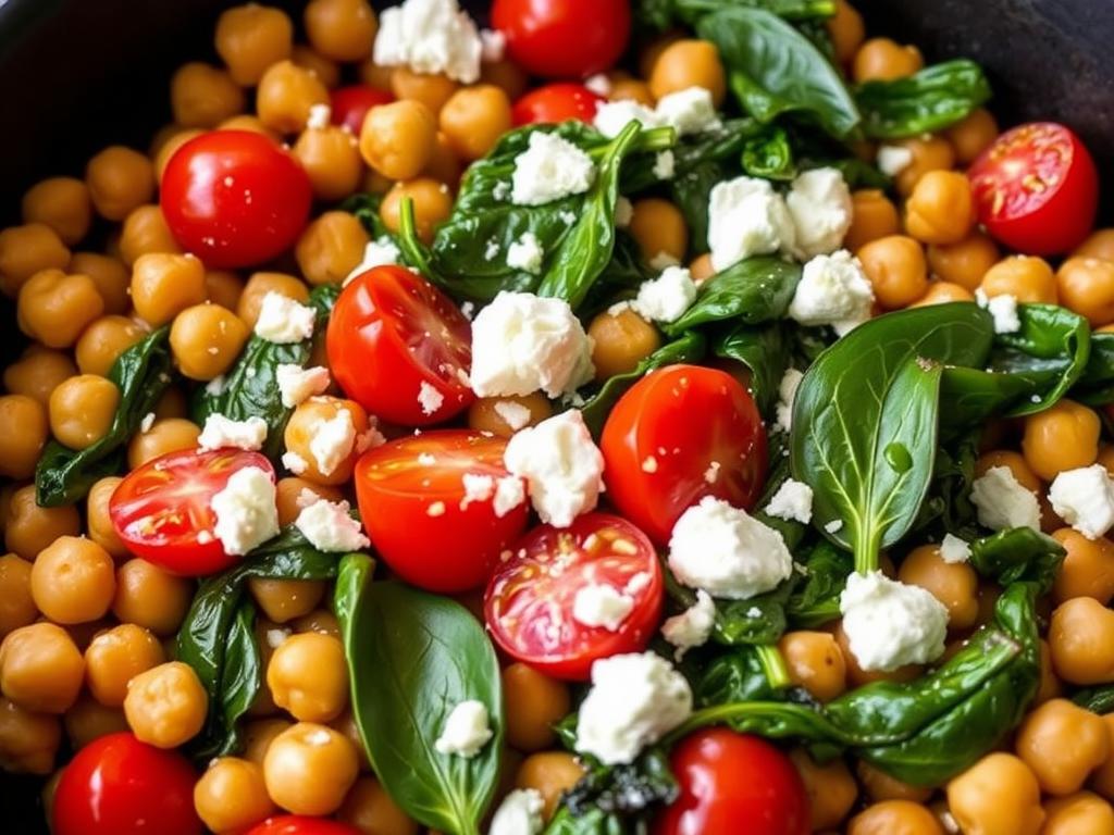 Mediterranean Chickpea Skillet with tomatoes, spinach and feta cheese Mediterranean Chickpea Skillet with tomatoes, spinach and feta cheese