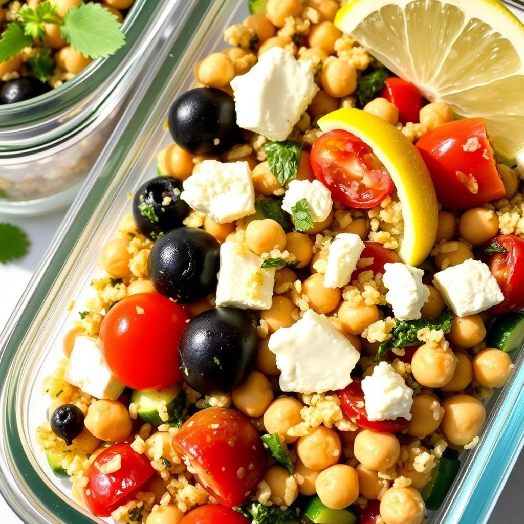Mediterranean quinoa salad in a meal prep container Mediterranean quinoa salad in a meal prep container