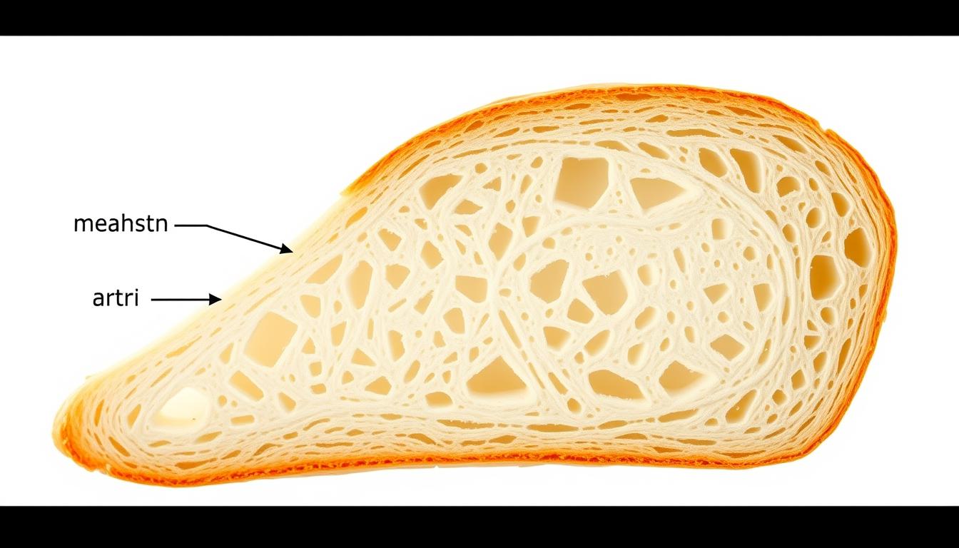 Microscopic view of bread structure showing starch molecules and moisture content