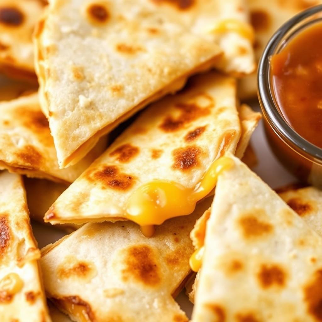 Mini cheese quesadillas cut into triangles with salsa for dipping Mini cheese quesadillas cut into triangles with salsa for dipping