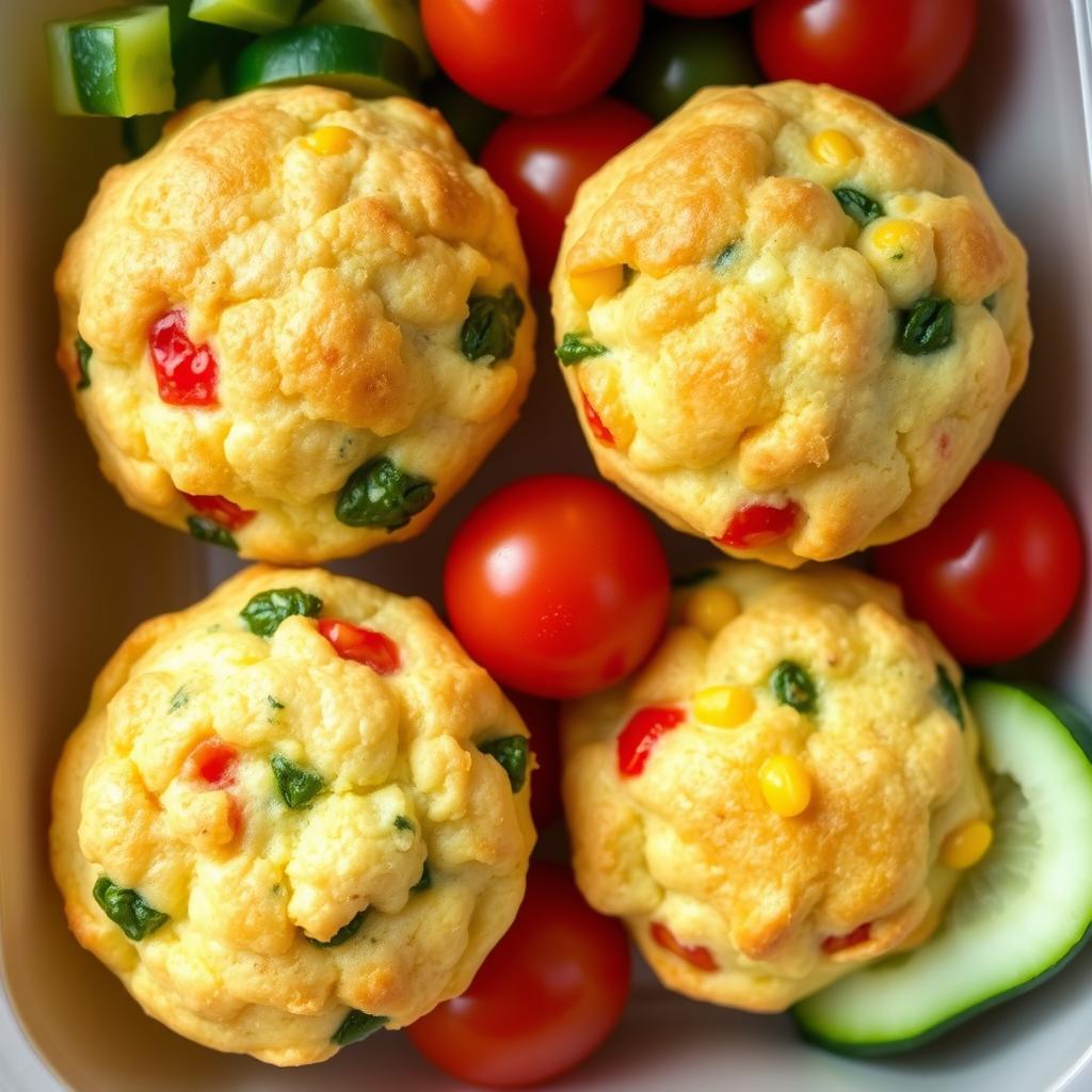 Mini egg muffins with colorful vegetables packed in a lunch container Mini egg muffins with colorful vegetables packed in a lunch container