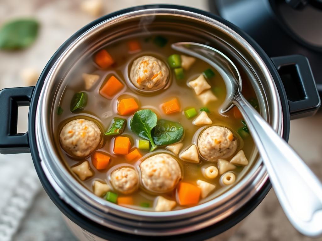 Mini meatball soup with vegetables and small pasta in a thermos Mini meatball soup with vegetables and small pasta in a thermos