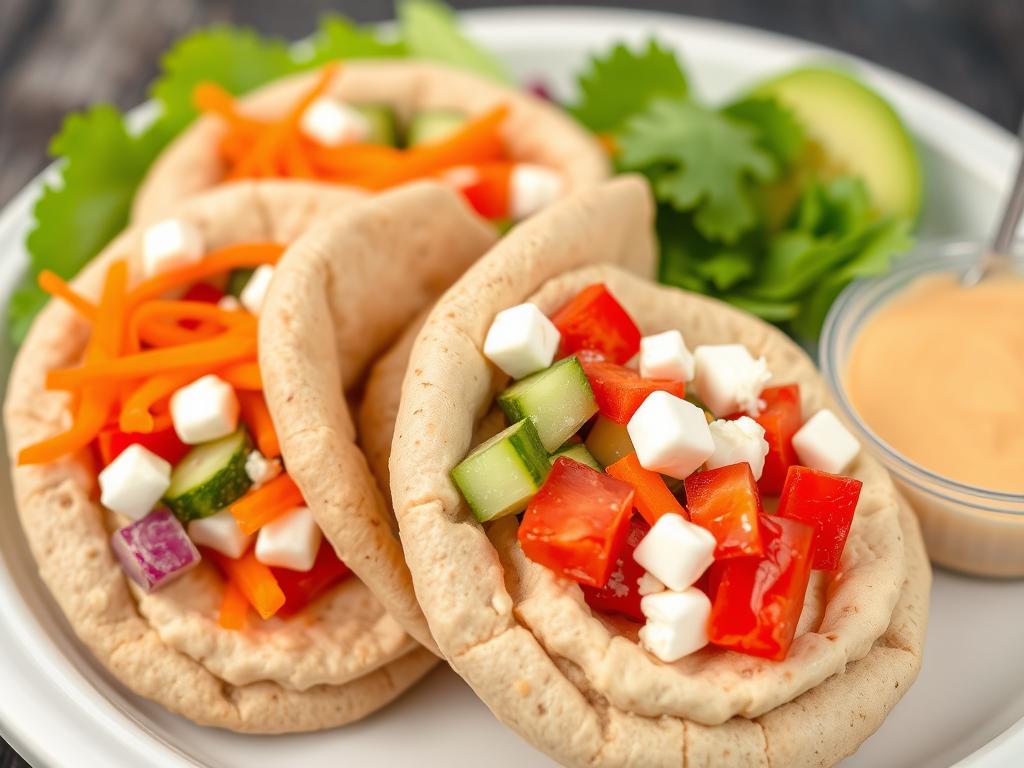 Mini pita pockets filled with colorful vegetables and hummus Mini pita pockets filled with colorful vegetables and hummus