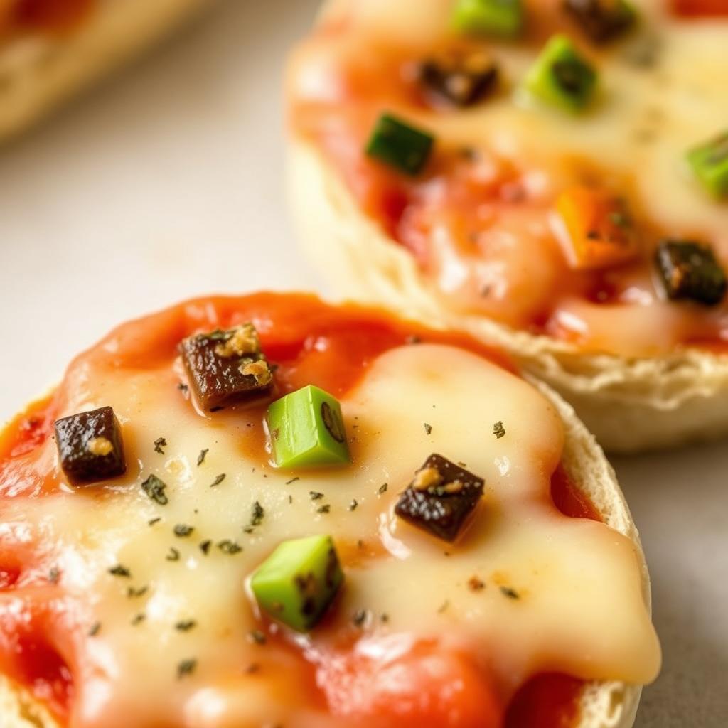 Mini pizzas made on English muffin halves with cheese and toppings Mini pizzas made on English muffin halves with cheese and toppings